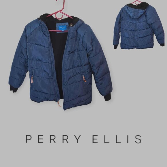 Perry Ellis  Blue Puffer Winter Hooded Coat Jacket Kids  Boys  Size 10/12 - Picture 1 of 14